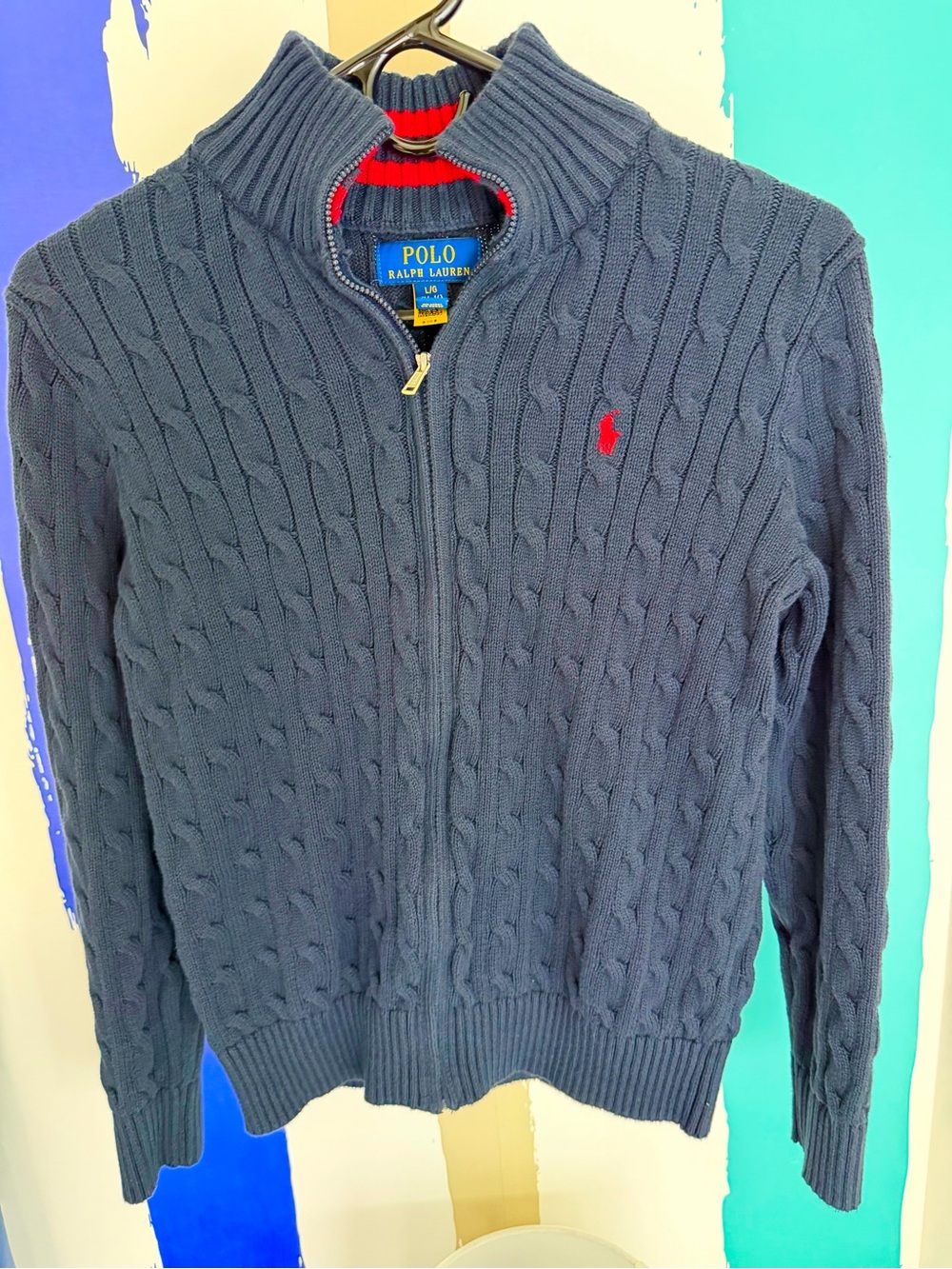 Polo by Ralph Lauren Navy Cable-Knit Zip-Up Sweater with Red Pony
